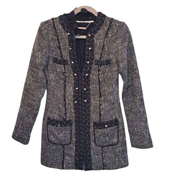 White House Black Market Long Length Black and White Tweed Jacket Size 0 - Picture 1 of 11